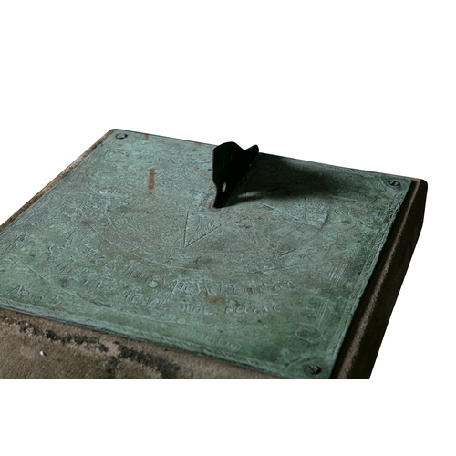 722 - A BRONZE HORIZONTAL SUNDIAL,   the square plate with fixed gnomon engraved 'As Time and Hours Passet... 