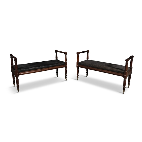 737 - A PAIR OF VICTORIAN MAHOGANY WINDOW SEATS  drop in upholstered seats with twin end supports on turne... 