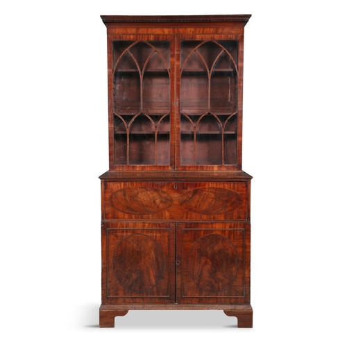 738 - A GEORGE IV INLAID MAHOGANY SECRETAIRE BOOKCASE,  the moulded dentil cornice above twin astragal doo... 