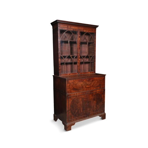 738 - A GEORGE IV INLAID MAHOGANY SECRETAIRE BOOKCASE,  the moulded dentil cornice above twin astragal doo... 