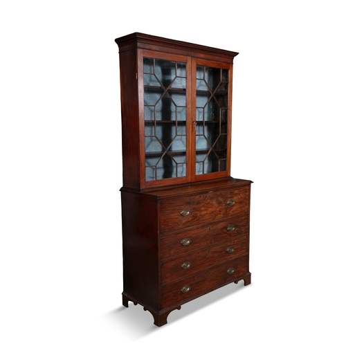 747 - A GEORGE III MAHOGANY SECRETAIRE BOOKCASE,  with plain cornice above twin astragal glazed panel door... 