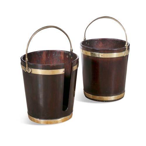 751 - TWO GEORGE III MAHOGANY BRASS BOUND BUCKETS,  one a turf bucket, the other a plate bucket, each with... 