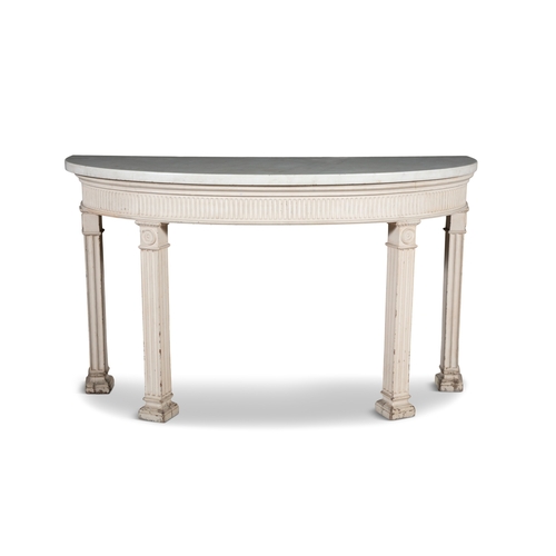 753 - A GEORGE III WHITE PAINTED MARBLE TOP SIDE TABLE,   of semi-elliptical shape, fitted with Carrara ma... 