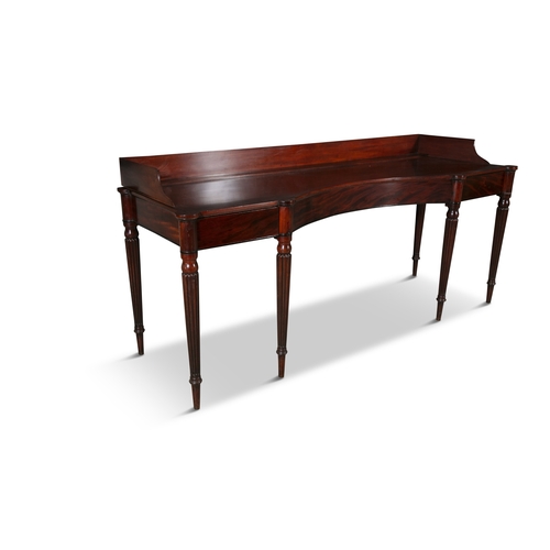 754 - A GEORGE IV MAHOGANY SERVING TABLE CIRCA 1825,  the inverted bowfront top, with three quarter galler... 