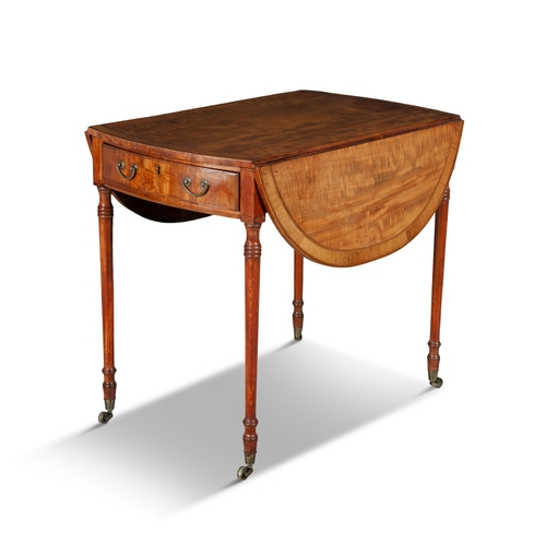 755 - A GEORGE III MAHOGANY AND SATIN WOOD DROP LEAF PEMBROOK TABLE   extending to oval form with crossban... 