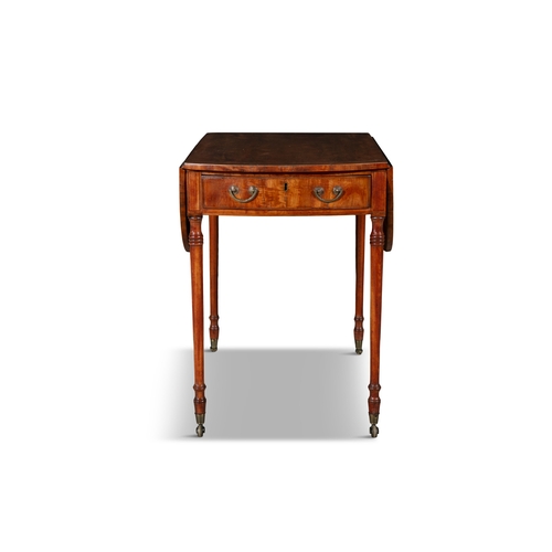 755 - A GEORGE III MAHOGANY AND SATIN WOOD DROP LEAF PEMBROOK TABLE   extending to oval form with crossban... 