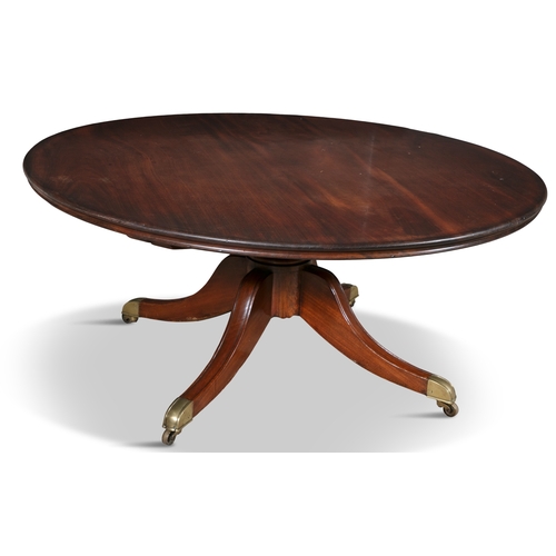 106 - A LARGE WILLIAM IV MAHOGANY BREAKFAST TABLE,  the circular tilt-action top on a heavy turned centre ... 