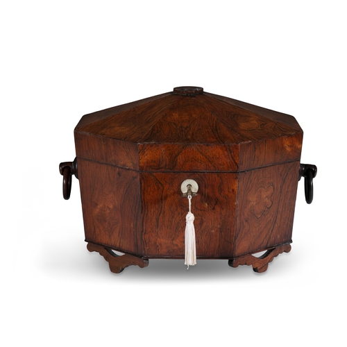 108 - A REGENCY ROSEWOOD OCTAGONAL TEA CADDY,  the domed hinged top opening to a red felt lined compartmen... 