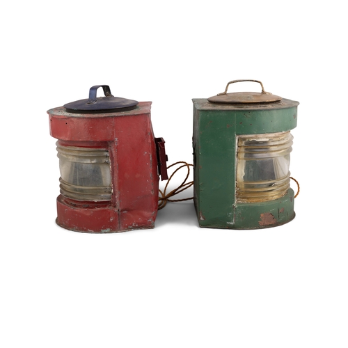 125 - A PAIR OF PAINTED COPPER SHIPS PORT AND STARBOARD LANTERNS,  One painted red, the other green. 40cm ... 