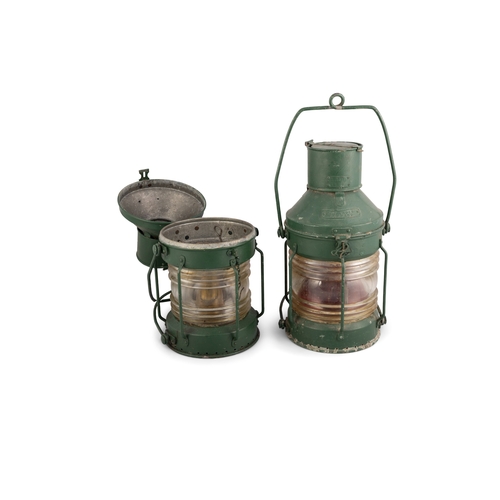 126 - A PAIR OF GREEN PAINTED SHIPS 'ANCHOR' NAVIGATION LAMPS, 49cm high (excluding handle)