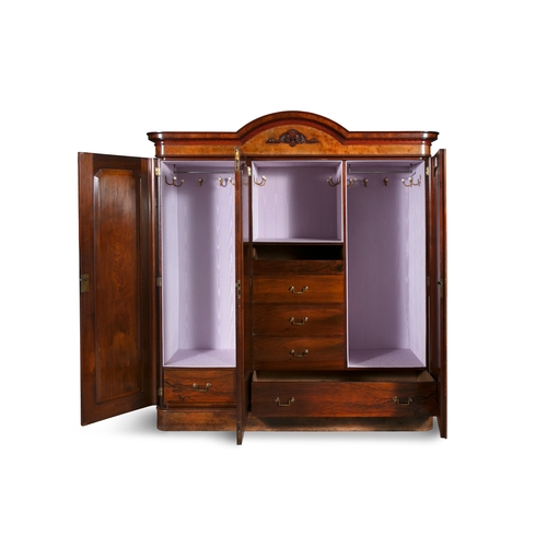 135 - A VICTORIAN WALNUT WARDROBE,  the domed top with moulded cornice, above central mirrors section, fla... 