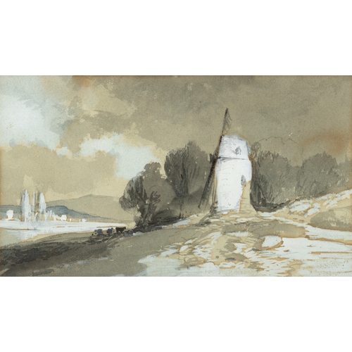 142 - 19TH CENTURY SCHOOL  Windmill by the shoreline Watercolour, 14 x 24cm