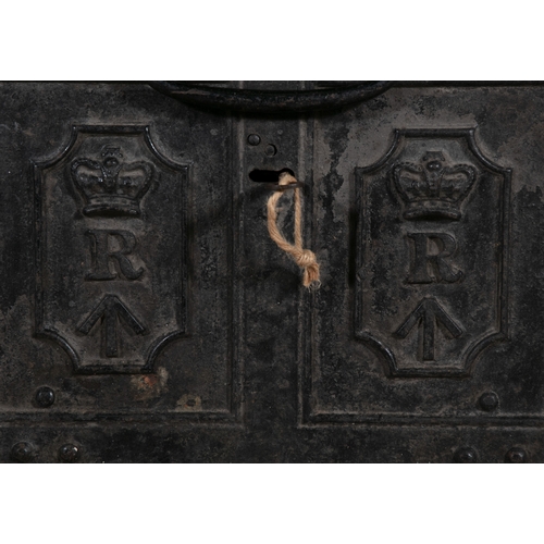 15 - A CAST IRON RECTANGULAR DEED STRONG BOX EARLY 19TH CENTURY,  the lid with cast crowned 'R' and uprig... 