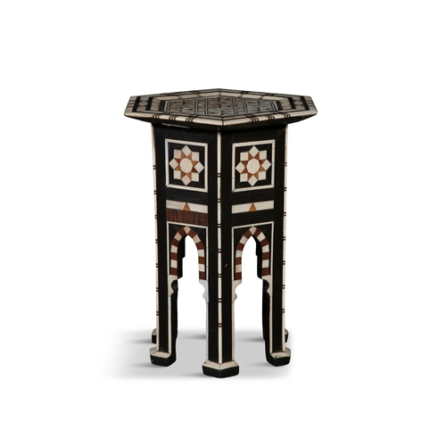 150 - A PAIR OF OTTOMAN OLIVEWOOD BONE AND MOTHER OF PEARL INLAID HEXAGONAL TABLES 19TH/20TH CENTURY,  the... 