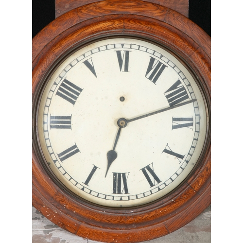 156 - A VICTORIAN OAK CASED 'DROP'DIAL' WALL CLOCK (DISTRESSED)  the circular enamel dial painted with Rom... 