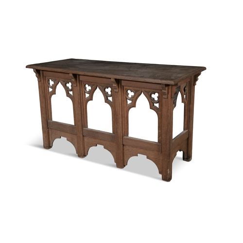 158 - A VICTORIAN OAK GOTHIC RECTANGULAR CONSOLE TABLE,  in the manner of Augustus Pugin, open frame raise... 