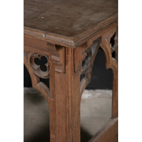 158 - A VICTORIAN OAK GOTHIC RECTANGULAR CONSOLE TABLE,  in the manner of Augustus Pugin, open frame raise... 