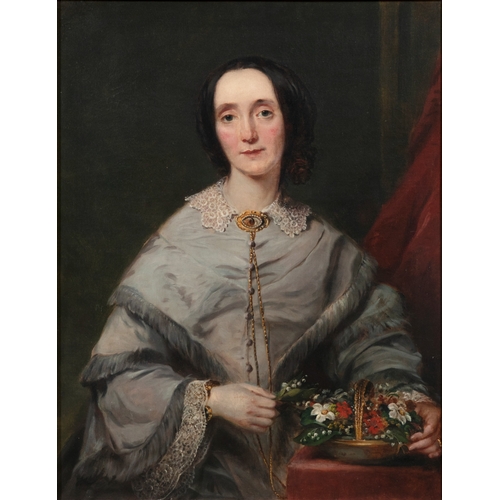 161 - ENGLISH SCHOOL, 19TH CENTURY Portrait of a Lady, half length, seated, holding a basket of flowers, O... 