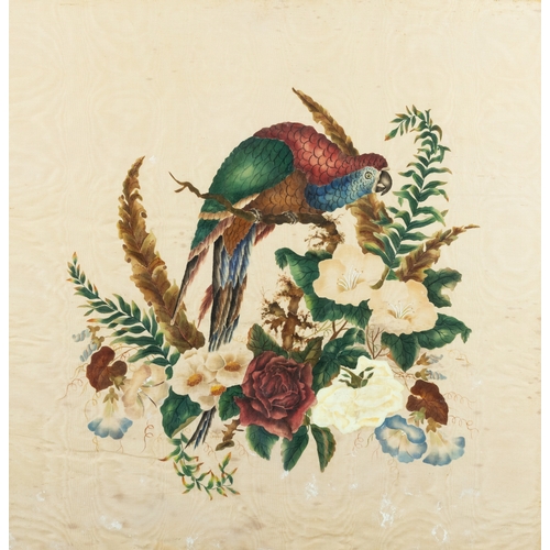 178 - A FRAMED 19TH CENTURY SILK AND THREAD EMBROIDERED PANEL depicting a Parrot and Flowers. 52 x 52cm