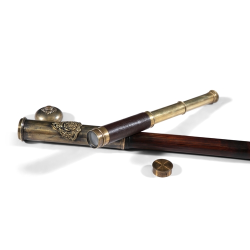 181 - A BRASS HANDLE WALKING STICK WITH HIDDEN TELESCOPE,  the top twisting off to reveal a hidden interna... 