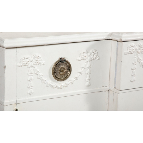 189 - A WHITE-PAINTED BREAKFRONT SECRETAIRE BOOKCASE EARLY 19TH CENTURY,   the moulded cornice above plain... 