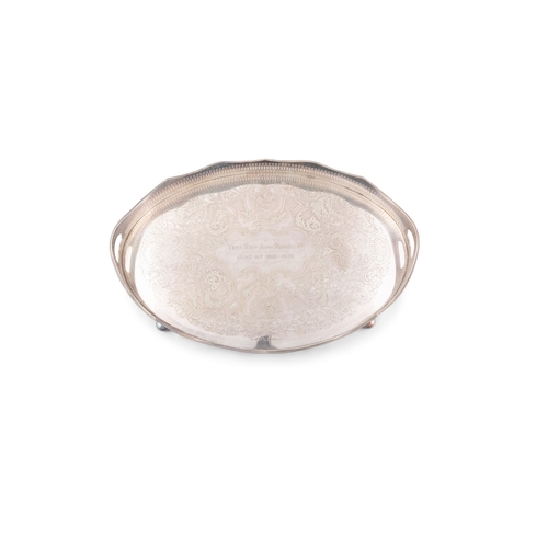 196 - A SILVER PLATED OVAL TWO-HANDLE SERVING TRAY, C. 1940,  engraved with presentation to Rev. John Russ... 