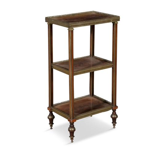 197 - A FRENCH MAHOGANY AND BRASS MOUNTED THREE-TIER ÉTAGERE,   of compact size with figured timber panels... 