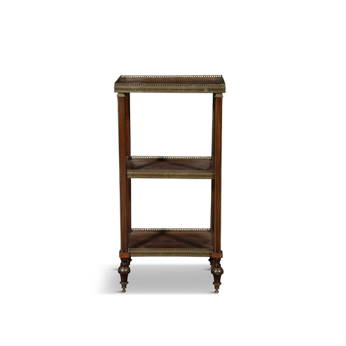 197 - A FRENCH MAHOGANY AND BRASS MOUNTED THREE-TIER ÉTAGERE,   of compact size with figured timber panels... 