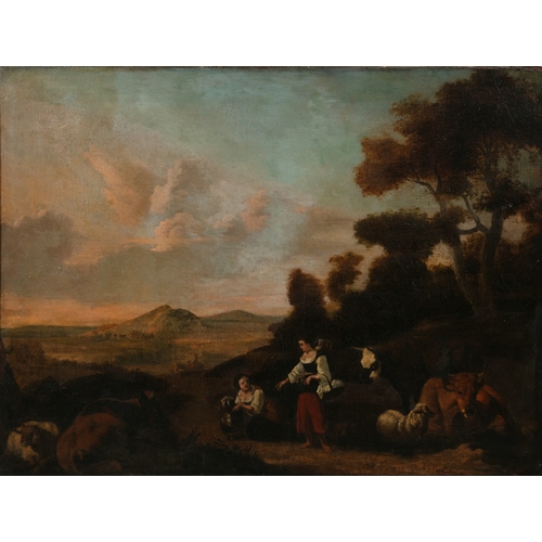 202 - ITALIAN SCHOOL 18TH CENTURY,  Sheep and Figures in Wooded Landscape  Oil on canvas, 102 x 135cm