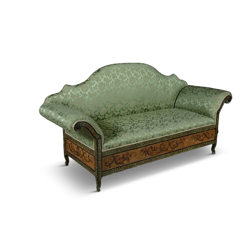 203 - A PAINTED AND UPHOLSTERED HUMP-BACK SOFA 19TH CENTURY,   the raised back, seat and out-scrolling arm... 