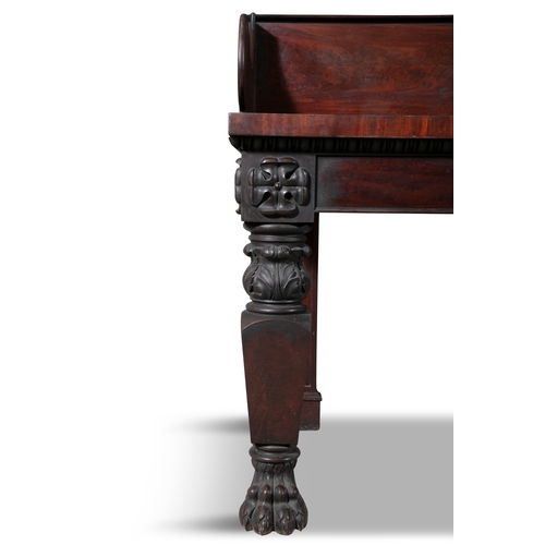 210 - A MONUMENTAL IRISH MAHOGANY SERVING TABLE CIRCA 1850,   with plain galleried top, the tapering block... 