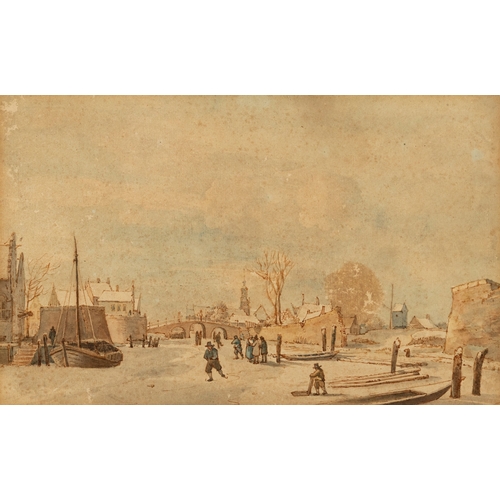 211 - DUTCH SCHOOL (19TH CENTURY) Figures Skating on a Frozen River Watercolour, 18 x 28cm