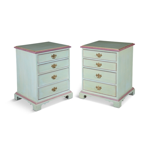 221 - A PAIR OF POLYCHROME-DECORATED BEDSIDE CABINETS, MODERN, each with four graduated drawers on bracket... 