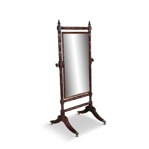 223 - A VICTORIAN MAHOGANY FRAMED CHEVAL MIRROR,  fitted with adjustable rectangular plate, on ring turned... 