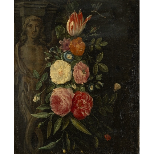 229 - DUTCH SCHOOL (17TH CENTURY) A Group of Flowers with a Classical Bust to the side Oil on board, 17.5 ... 