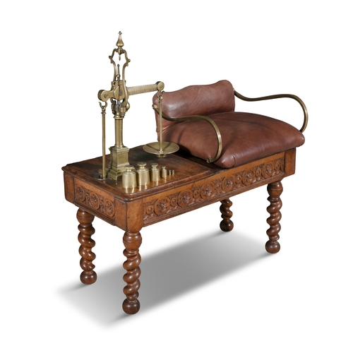 231 - A VICTORIAN CARVED OAK JOCKEY'S SCALES,  of rectangular form, with tan leather seat and brass, with ... 