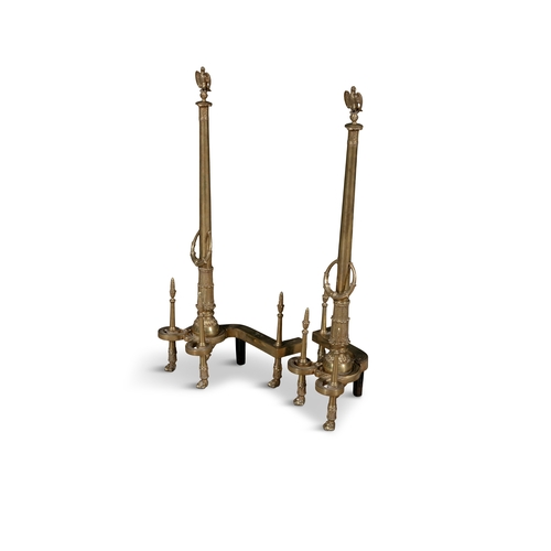 234 - A PAIR OF FEDERAL STYLE BRASS ANDIRONS, LATE 19TH / EARLY 20TH CENTURY,    each with a central colum... 