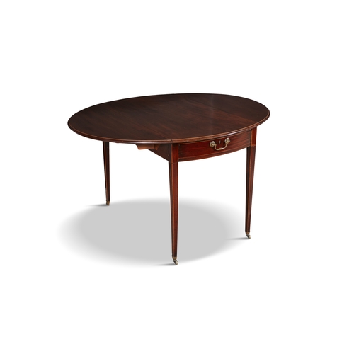 236 - A SHERATON STYLE DOUBLE DROP LEAF PEMBROKE TABLE,  extending to an oval top with moulded rim, above ... 