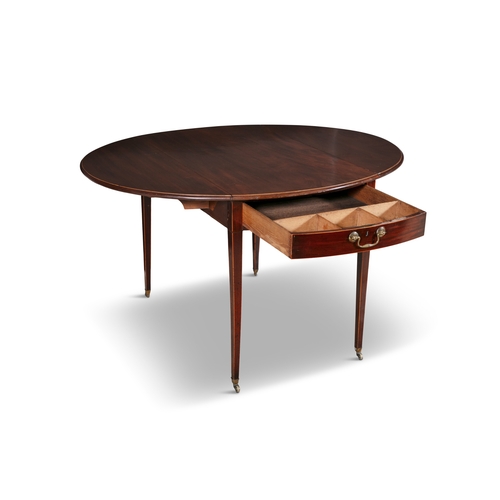 236 - A SHERATON STYLE DOUBLE DROP LEAF PEMBROKE TABLE,  extending to an oval top with moulded rim, above ... 