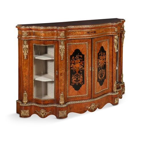 237 - A FINE VICTORIAN WALNUT TULIPWOOD AND MARQUETRY INLAID CREDENZA CIRCA 1870,  of serpentine outline, ... 