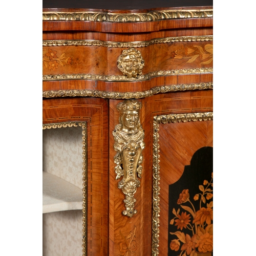 237 - A FINE VICTORIAN WALNUT TULIPWOOD AND MARQUETRY INLAID CREDENZA CIRCA 1870,  of serpentine outline, ... 