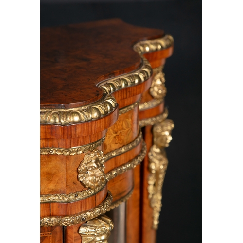 237 - A FINE VICTORIAN WALNUT TULIPWOOD AND MARQUETRY INLAID CREDENZA CIRCA 1870,  of serpentine outline, ... 