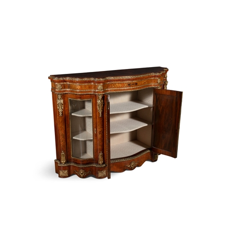 237 - A FINE VICTORIAN WALNUT TULIPWOOD AND MARQUETRY INLAID CREDENZA CIRCA 1870,  of serpentine outline, ... 