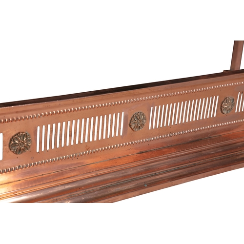 240 - A VICTORIAN COPPER AND LEATHER MOUNTED CLUB FENDER,   with raised comer seats covered in red leather... 