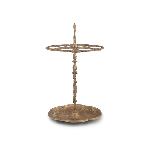 37 - A VICTORIAN BRASS UMBRELLA/STICK STAND,  with loop handle above an elaborate snake aperture, support... 