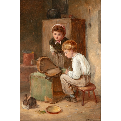 49 - J. K. MAKIN (FL. 1882 - 1906) Where's The Wind (Mending The Bellows) Oil on board, 24 x 16cm