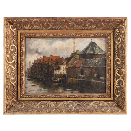 50 - ERNEST MOLL (1878 - 1955) Wharfside Buildings Signed Oil on canvas, 16 x 24cm