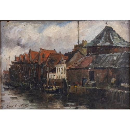 50 - ERNEST MOLL (1878 - 1955) Wharfside Buildings Signed Oil on canvas, 16 x 24cm