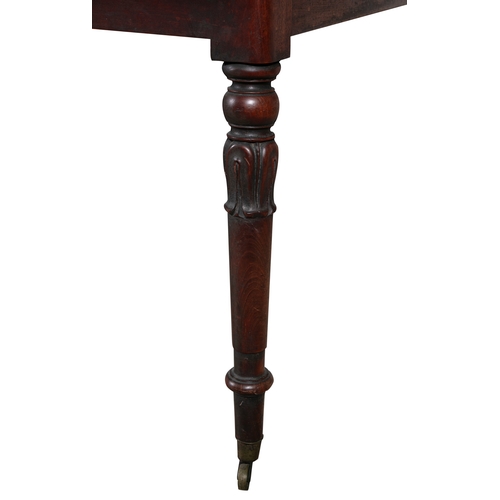 54 - AN IRISH GEORGE IV MAHOGANY EXTENDING DINING TABLE,   with two additional leaves, raised on lotus co... 