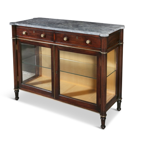 60 - A GILT METAL MOUNTED MAHOGANY SIDE CABINET LATE 19TH/EARLY 20TH CENTURY,  the shaped grey marble top... 